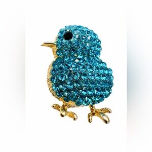 Blue Rhinestone Gold-Toned Chick Brooch